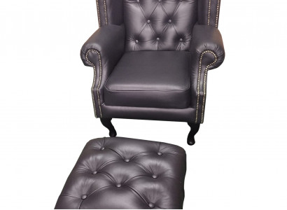 Luxus Ohrensessel und Hocker Chesterfield Sessel Leder Schwarz Modern